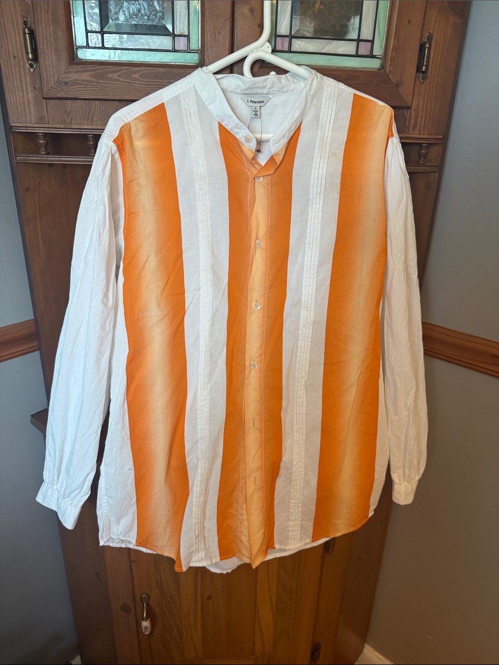 J Peterman Mens Orange Ombre Striped Band Collar Pleated Resortwear Shirt M